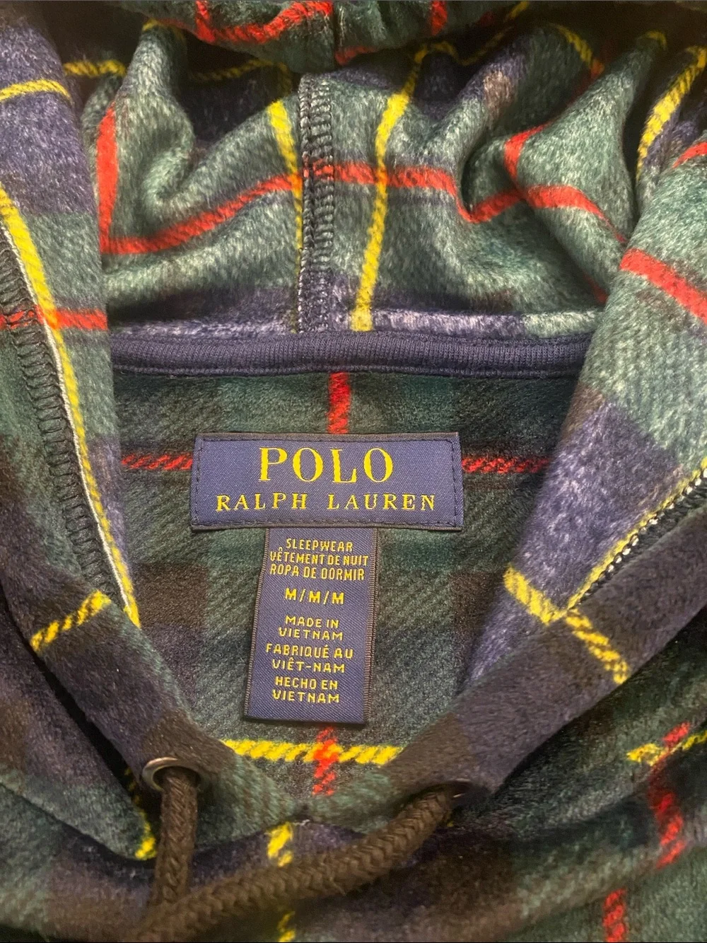 Polo Ralph Lauren Hoodie Pullover Mens Green Plaid Velour Sleepwear MEDIUM